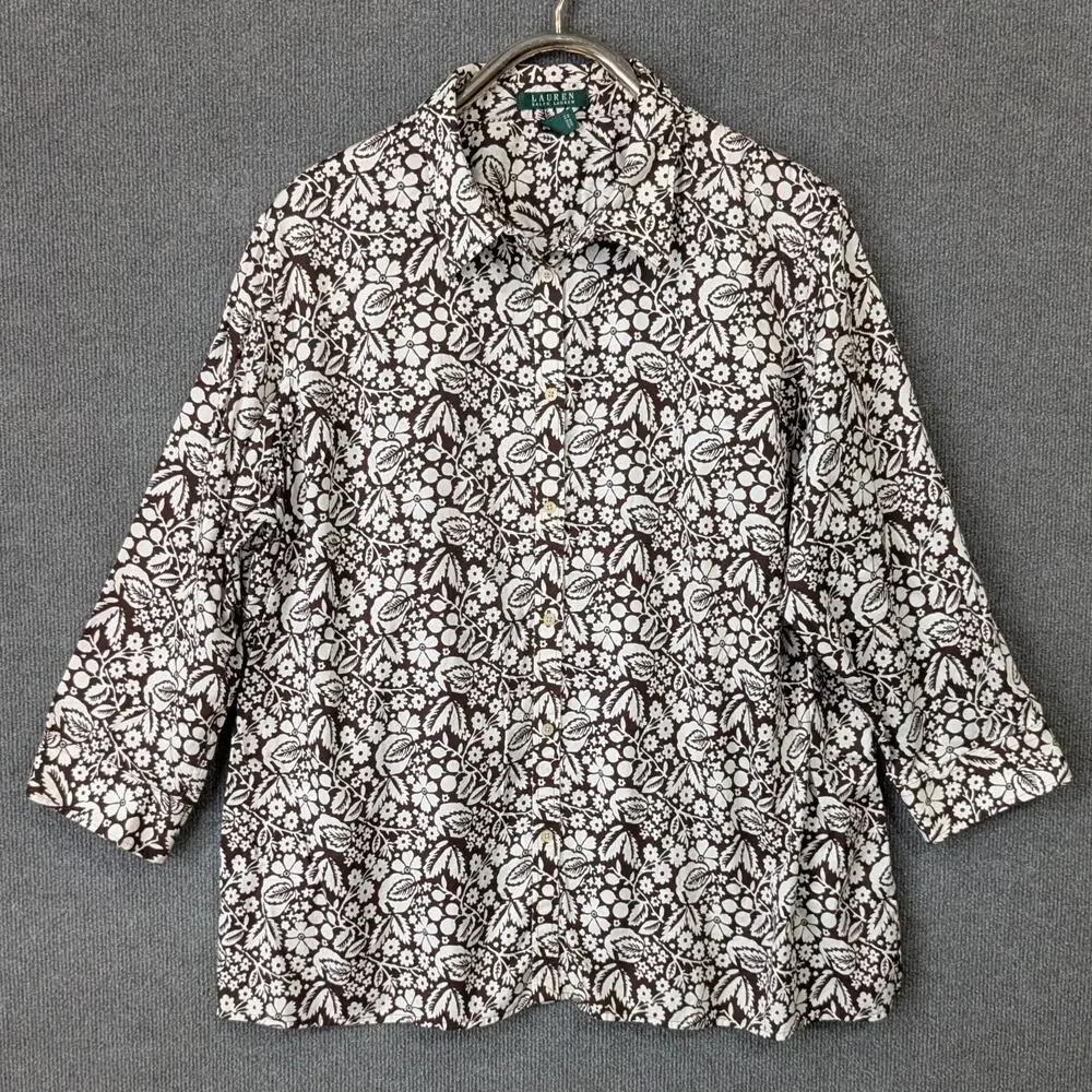 LRL Ralph Lauren Poplin Top Womens 3X Brown Floral Button Up Dress Shirt - Picture 1 of 10